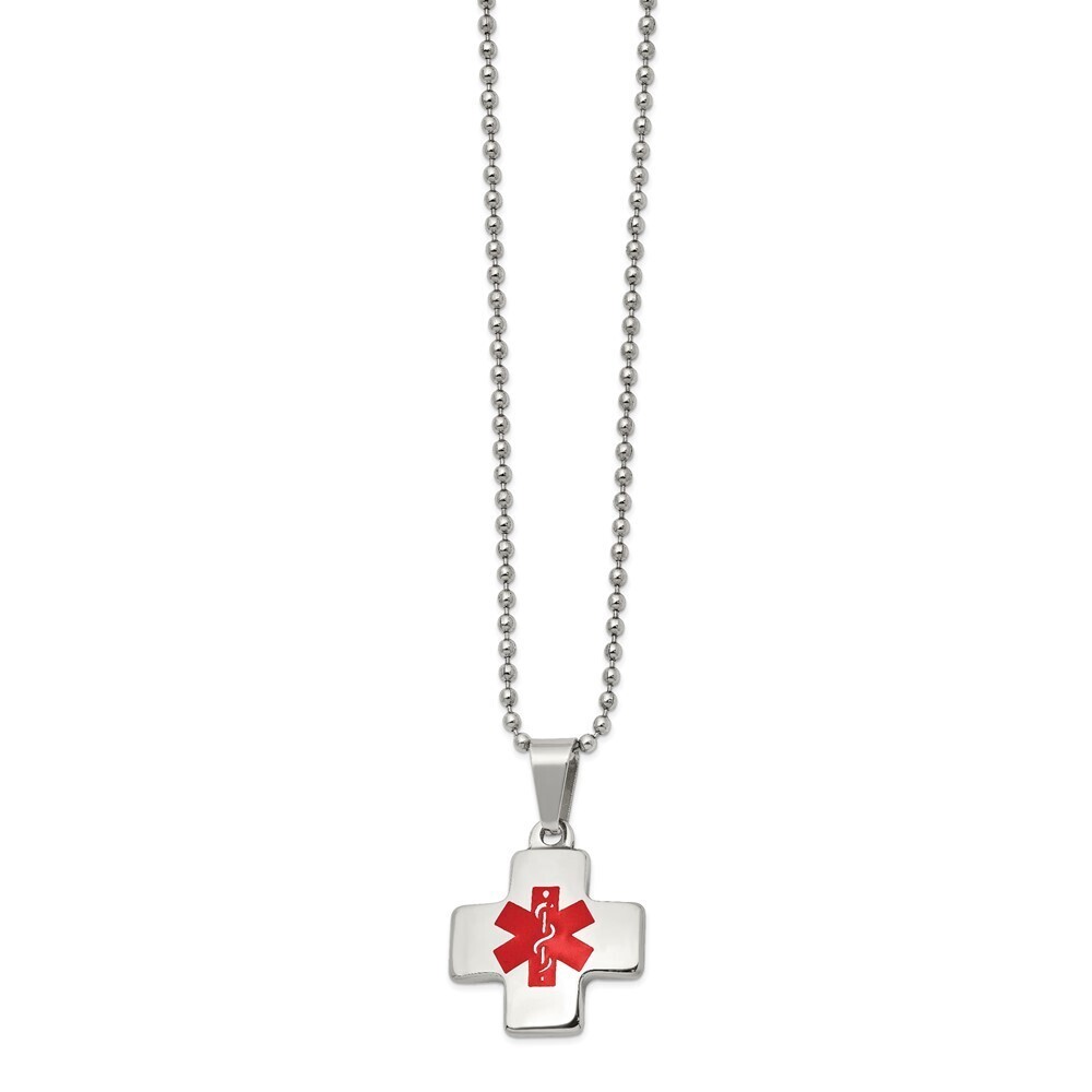 Stainless Steel Polished W/red Enamel Cross Medical Id 20in Necklace